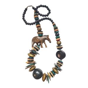 Handmade African Safari Themed Wooden Zebra Necklace Jewelry Multicolored Beads